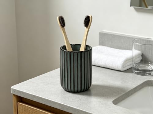 Stoneware Toothbrush Holder for Bathroom Tooth Brush Holder for Bathroom Toothbrush Cup Toothbrush Holders Cute Fluted Vertical Ribbed Stripe (Concrete Grey) - Image 2