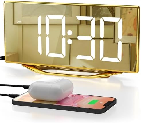 Digital Alarm Clock for Bedrooms, LED Desk Clock with Gold Mirror Finish by Roxicosly
