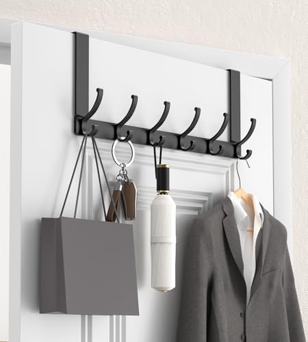 KitchLife Over The Door Hooks Hanger with 7 inches Extended Arms, Fits 1-3/8" Doors, F18U, Bathroom Towel Rack Organization, Thickened 6-Double Hook, Matte Black by OverDoorHooksKitchenSupplies