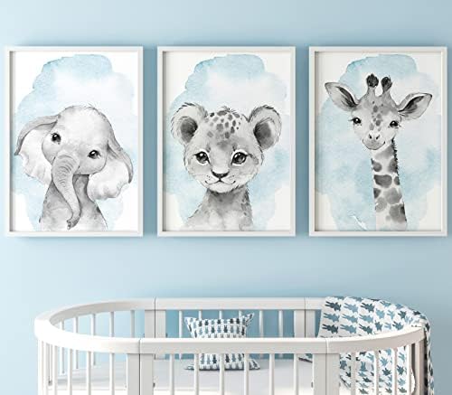 Safari Animals Baby Boys Nursery Set of 3 Unframed Wall Art Prints, Gray Baby Animals with Blue Watercolor Style Splash, Elephant Lion Giraffe, Child Bedroom Nursery Decor Posters (11x14) by EviepopsPrints