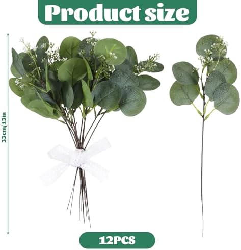 12 PCS Artificial Eucalyptus Stems Greenery Branches, 13 Inch Faux Eucalyptus Stems Leaves Picks with White Seeds, Artificial Greenery Stems for Vase Bouquets Wreath Flower Arrangement Decoration - Image 2