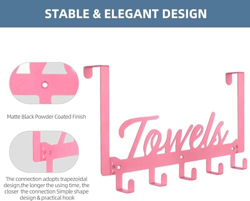 Azmoncy Over The Door Hooks, Towel Rack for Bathroom Towel Holder for Hanging Heavy Duty, Over Door Hanger with 5 Coat Hooks for Bedroom Bathroom Kitchen Towels, Pink - Image 4