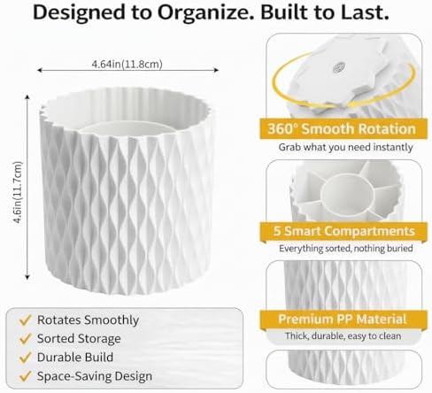 White Pen Holder for Desk, 360° Rotating Pencil Organizer, 5 Slots - Image 4