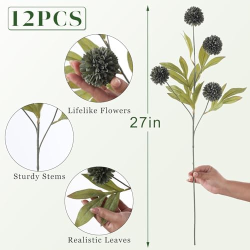 12 Pcs 27"Artificial Pompon Mum Silk Flower Stems for Vase (Dark Gray) - Image 5