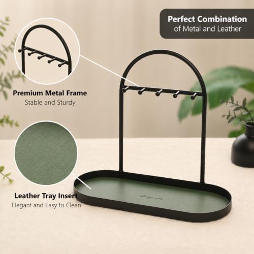 Shinpuru Key Holder Tray, Metal Stand with Leather Tray, 5 Hooks (Green) - Image 3