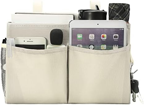 Bseash Bunk Bed Organizer, Bedside Caddy Hanging Bed Organizer Storage Bag with 4 Pockets and 2 Hooks, for College Dorm Rooms Bed, Hospital Bed, Baby Bed Rails, 600D Oxford Cloth (Beige) by Bseash
