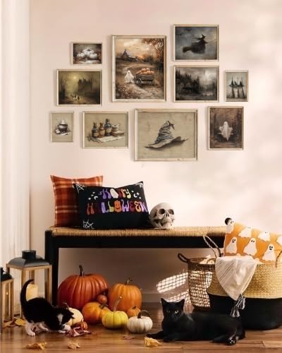 Vodefoad Vintage Halloween Wall Art Prints of 10, Retro Cute Ghost Canvas Decor, Spooky Witchy Pictures for Halloween Wall Paintings, Moody Autumn Landscape Canvas Oil Painting, Gothic Dark Aesthetic Posters Prints for Bedroom Gallery Decor Unframed - Image 2