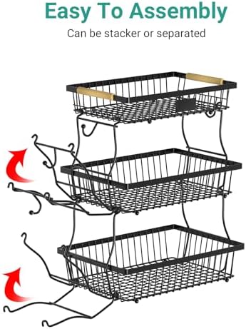 3 Tier Fruit Basket for Kitchen Counter with 2 Banana Hangers, Countertop Metal Fruit Bowl with Wooden Handle, Large Storage Stand for Vegetables, Snacks, Breads, Produce Storage – Black - Image 4