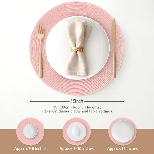 FunWheat Round Braided Placemats Set of 4 Table Mats for Dining Tables Woven Washable Non-Slip Place mats 15inch (Pink, 4pcs) - Image 2