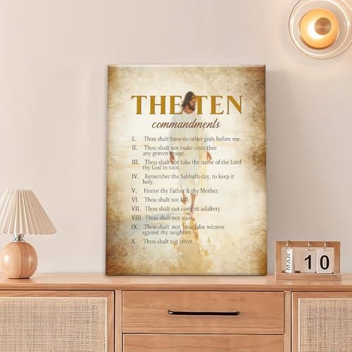 The Ten Commandments Christian Pictures Wall Art, Bible Verse Jesus Bathroom Wall Decor Religion Scripture Framed Painting Religious Canvas Artwork for Church Bedroom Living Room 16" L x 12" W - Image 2