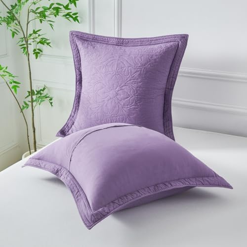 WINLIFE 100% Cotton Quilted Euro Sham Covers, 2 Pack Cotton 26'' x 26'' Pillow Covers, Soft and Breathable Euro Shams, Square Pillow Shams, Dark Purple - Image 4