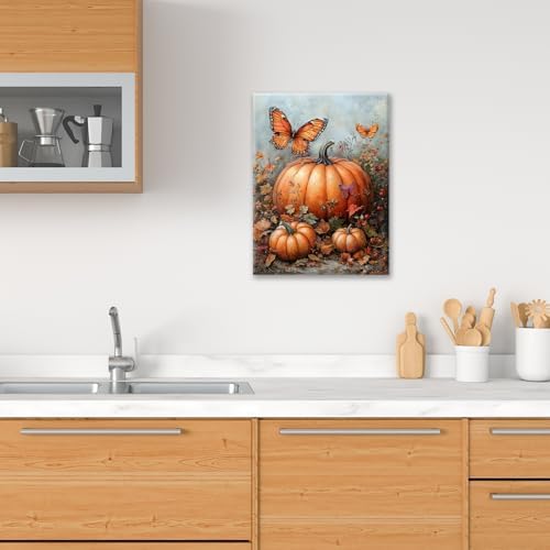 Fall Pumpkin Pictures Wall Art, Rustic Thanksgiving Bathroom Wall Decor, Farmhouse Autumn Butterfly Framed Painting Canvas Artwork for Harvest Gift Bedroom Living Room Decorations 20" L x 16" W - Image 3
