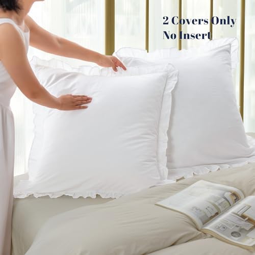 PHF Washed Cotton Euro Shams with Ruffle 26"x26", White, 2 Pack, No Insert - Image 5