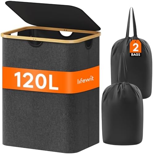Lifewit 120L Large Laundry Basket with Lid, 2 Removable Bags, Dark Gray by Lifewit