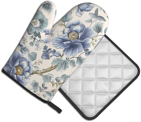 Chinoiserie Style Oven Mitts and Pot Holders Sets Blue Floral Trees Oven Mitts Heat Resistant Vintage Flowers Kitchen Gloves Hot Pads Two Piece Set for Cooking Baking Grilling BBQ - Image 2