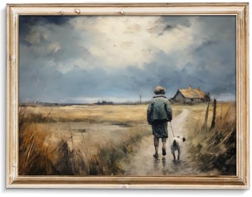 uniro Vintage Fall Landscape Wall Art Boy and Puppy Walking on a Country Lane Retro Autumn Nature Painting Rustic Farmhouse Scenery Prints for Bedroom Bathroom Kitchen Room Decor - 8x10 Unframed by uniro