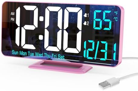 Pink Digital Clock for Bedroom 6.7in Dual Alarm Clock with Dimming, 12/24h, Seconds, Date, Day of Week, Temp, Desk Clock, LED Clock for Table Decor, Digital Calendar Table Clocks for Bedrooms KOSUMOSU by KOSUMOSUTECHNOLOGY