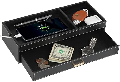 HofferRuffer Valet Jewelry Tray Organizer with Drawer, Faux Leather Storage Catchall Box Phone Charging Station Tray with Dresser Nightstand Desktop Drawer Organizer (Black) by HofferRuffer