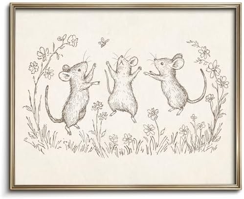 Vodefoad Mouse Sketch Vintage Wall Art Retro Nursery Dancing Mice Art Print Neutral Cottagecore Nursery Decor Farmhouse Rustic Mice Wall Decor for Gallery Nursery Bedroom Bathroom Office - 8x10Inch Unframe by VodefoadVintageWallArt