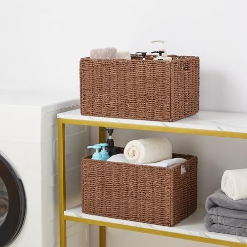 Vagusicc Wicker Storage Basket, Set of 2 Hand-Woven Paper Rope Wicker Basket, Small Storage Baskets for Organizing Toilet Paper Basket, Foldable Large Cube Storage Organizer Bins for Shelves (Brown) - Image 2