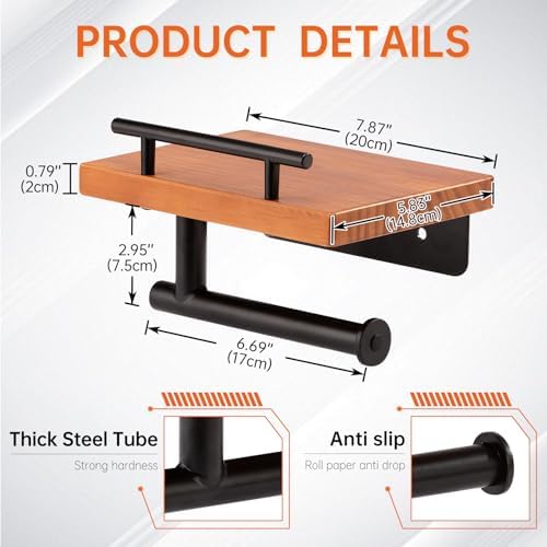 Toilet Paper Holder with Wood Shelf, Wall Mount Toilet Paper Roll Holder with Wooden Shelf and Matte Black Stainless Steel Pipe, Tissue Roll Holder for Bathroom Washroom (Light Brown, 7.9'' x 5.9'') - Image 2
