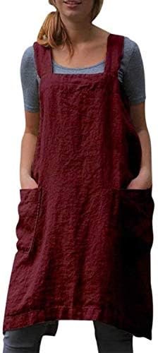 VLZUFE Cotton Linen Apron for women Cross Back Apron Pinafore Dress for Baking Cooking Gardening Work by Unknown