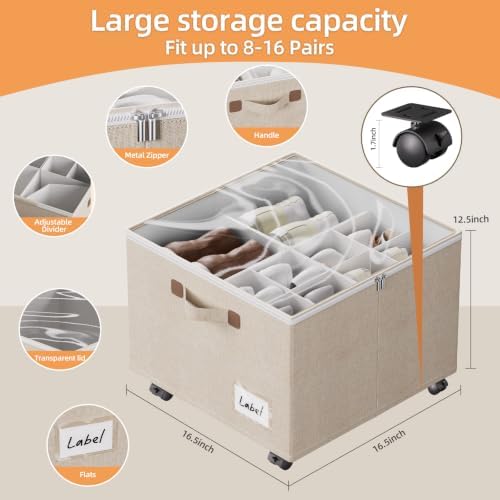 FHSQX Shoe Organizer for Closet Shoe Storage with Wheels Beige - Image 2
