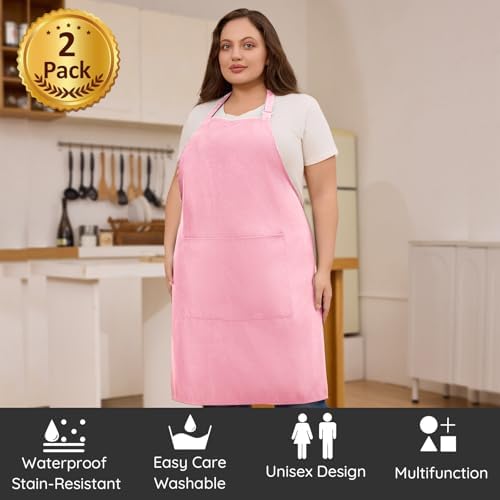 2 Pack Plus Size Waterproof Cooking Chef Apron with 2 Pockets for Men Women - Image 2
