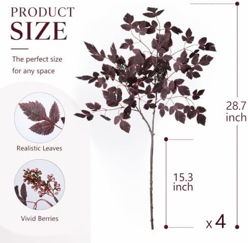 HyeFlora Artificial Cimicifuga Plant Leaf Spray Stems 4PCS Fake Greenery Branches 28.7 in Faux Leaves Real Touch Silk Plants DIY Stem for Vase Festival Home Kitchen Garden Farmhouse Decor (Burgundy) - Image 2