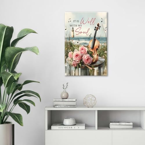 Violin Pictures Wall Art, Music Rustic Country Inspirational Bathroom Wall Decor, Coastal lighthouse Framed Painting Rose Aesthetics Canvas Artwork for Bedroom Living Room Decorations 24" L x 16" W - Image 3