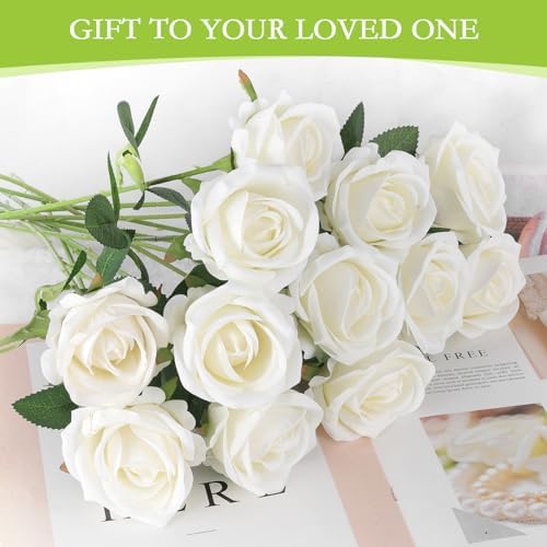 Hananona 50 Pcs Artificial Roses, Realistic Silk Flowers Bulk, White - Image 6