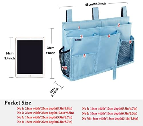 Surblue Bedside Caddy Hanging Bed Organizer Storage Bag Pocket for Bunk and Hospital Beds, College Dorm Rooms Baby Bed Rails, Camp 8 Pockets, (Large, Skyblue) - Image 5