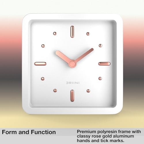 Driini Modern Mid Century Desk & Shelf Clock (White Rose Gold) - Battery Operated with Silent, Analog Movement – Small Tabletop Clocks for Office – Perfect for Mantle, End Table, Desktop or Nightstand - Image 3