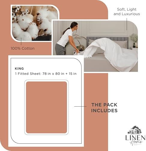 Linen Home King Size Fitted Sheet Only 100% Cotton Percale, Tera Clay - Image 6