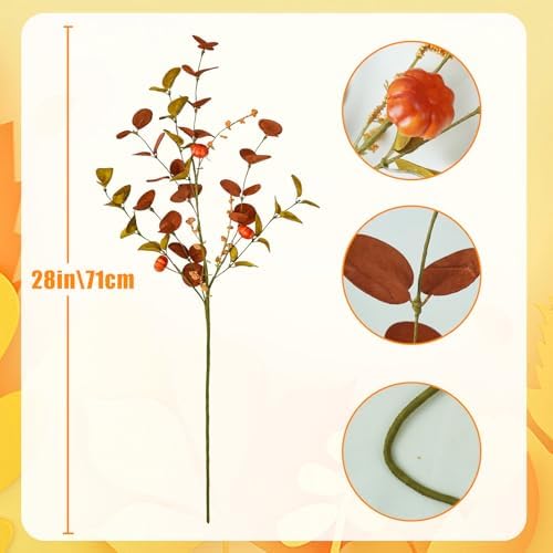 Uieke 8PCS Artificial Fall Eucalyptus Stems, 28inch Fall Eucalyptus Leaves Branches with Orange Pumpkins Long Stems Fall Decorations for Home Autumn Florals Arrangement Thanksgiving Decor - Image 4