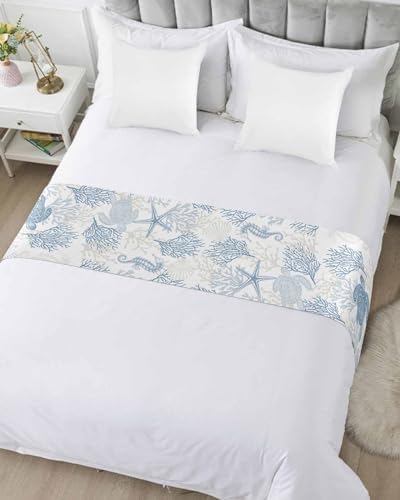Blue Grey Coastal Bed Runner for Full/Queen Size Bed, Bedspread Protector Slipcover Bed Scarf for Foot Bed Runners & Scarves for Bedroom Hotel Wedding Room 83x20 Sea Turtle Nautical Coral Summer Beach - Image 5