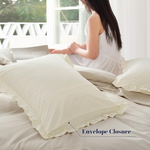PHF Washed Cotton Ruffle Pillowcases King 20"x36", Cream, 2 Pack, No Insert - Image 3