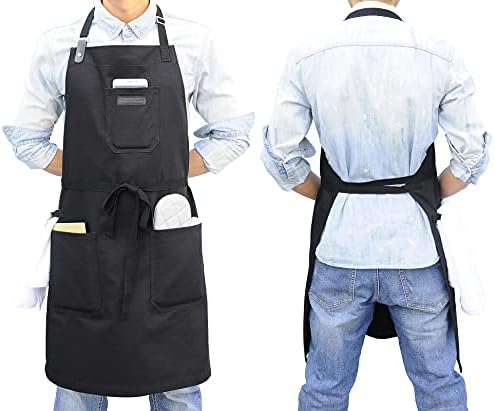 Black Kitchen Apron for Cooking, with Pockets & Towel Loop - Image 2