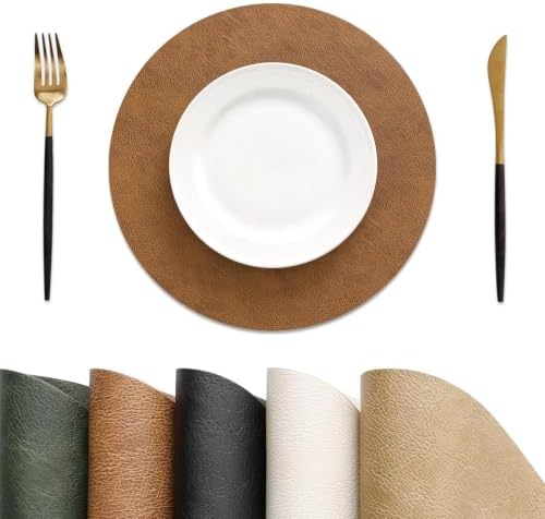 MOSAYT Vinyl Faux Leather Round Placemats Set of 6, 13 Inch, Reddish Brown by MOSAYT