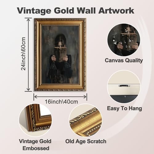 Gold Framed Canvas Wall Art Print, Victorian Woman Painting Picture, Vintage Portrait Oil Painting Wall Decor, Moody Reading Nook Painting for Bedroom Bathroom Wall Art, Dark Academia Decor 16''x24'' - Image 2