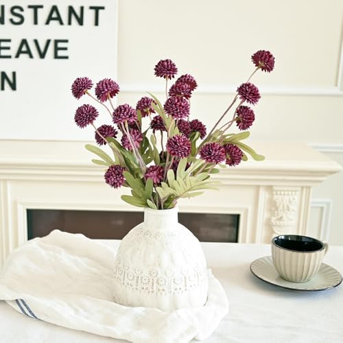Laelfe 5Pcs Burgundy Flowers Artificial Pompon Mum, Fake Kiku Flowers Silk Small Mini Chrysanthemum Ball Faux Mum Decor for Autumn Filler DIY Bouquet Centerpieces Arrangements Shower(Burgundy) - Image 5