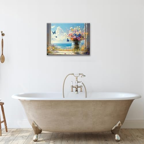Beach Floral Bathroom Pictures Wall Art, Colorful Flower Bathroom Wall Decor, Coastal Ocean Framed Painting Canvas Artwork for Bedroom Living Room Decorations 20" L x 16" W - Image 6