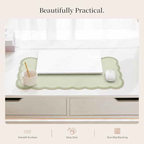 Scalloped Desk Mat, 23.6" x 11.8" Large Cute Sage Green Aesthetic Desk Accessories, PU Leather Computer Laptop Desk Mouse Keyboard Pad, Desk Writing Mat for Vanity/Work/Home Decor - Image 3