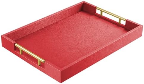 ATZYmolin 17"x12" Leather Serving Tray, Gold Handle Vanity Platter, Red by ATZYmolin