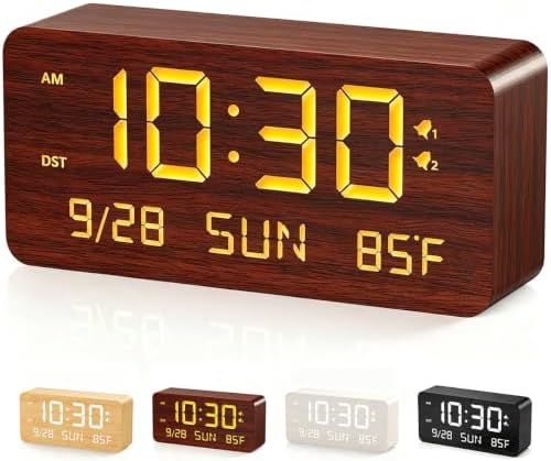 Wooden Digital Alarm Clock for Bedroom - Desk Clock with Date, Day of Week, Temperature, Dual Alarms, Dimmer, USB Port Charge, DST, Adjustable Volume for Living Room/Office Wood Decor (Brown) by fomobest