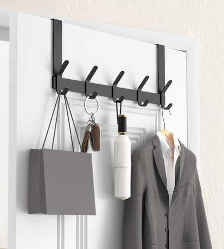 KitchLife Over The Door Hooks with 7" Extended Arms, Fits 1-3/4" Doors, J18U, Heavy Duty Bathroom & Closet Towel Rack, Double-Hooks Hanger 1 Pack, Matte Black by OverDoorHooksKitchenSupplies