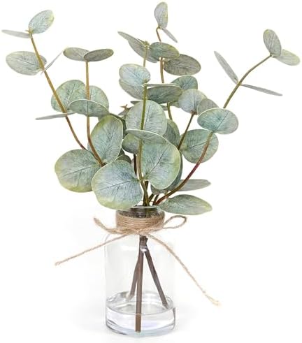 Muhanjia Artificial Eucalyptus Stems in Glass Vase with Faux Water,3Pcs Fake Plant with Double-Sided Green Leaves for Centerpiece(Double-Sided Green Eucalyptus) by Muhanjia