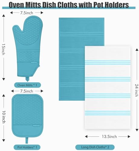 Oven Mitt and Pot Holders Sets, Quilted Cotton Terry Cloth,Non-Slip Pot Holder, Silicone Oven Mitt Heat Resistant, Oven Mittens 7.3"x14.2", Hot Pad 7"x10" & Dish Cloths 13"x25" - Image 2