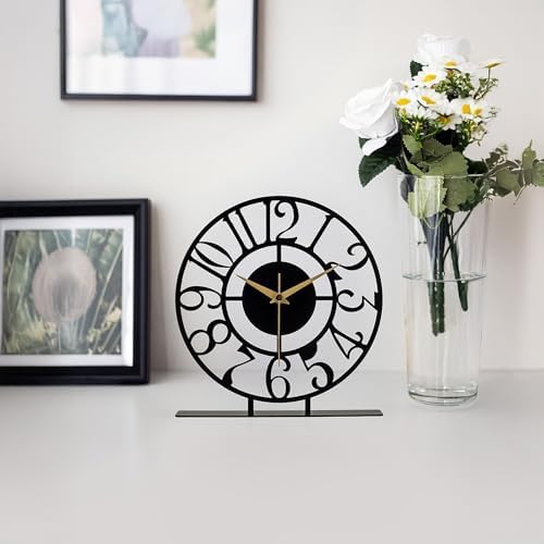 muyika 8.9x9.5 Metal Desk Clock, Black Round Silent Non-Ticking Analog Table Clock, Battery Operated, Decorative Desk and Shelf Clock, Desk Clocks for Living Room Bedroom Kitchen Office School - Image 6
