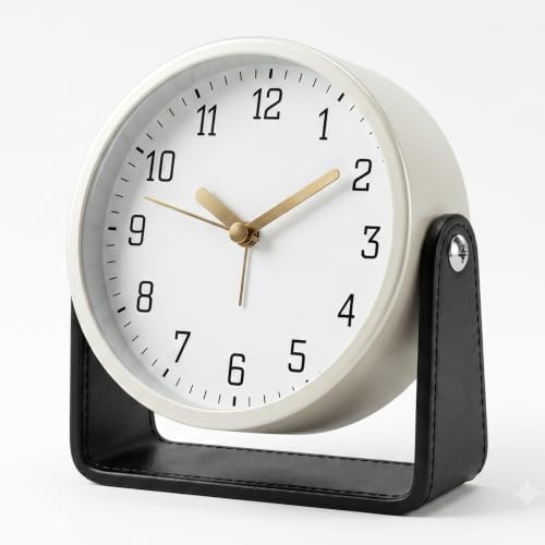 Analog Alarm Clock - 4.5" Silent Non Ticking Small Clock with Light, Rotatable Stand Metal Desk Clock Battery Operated, Simple Design for Living Room Decor/ Bedroom/Bedside/Shelf (Black & White) by Maxspace